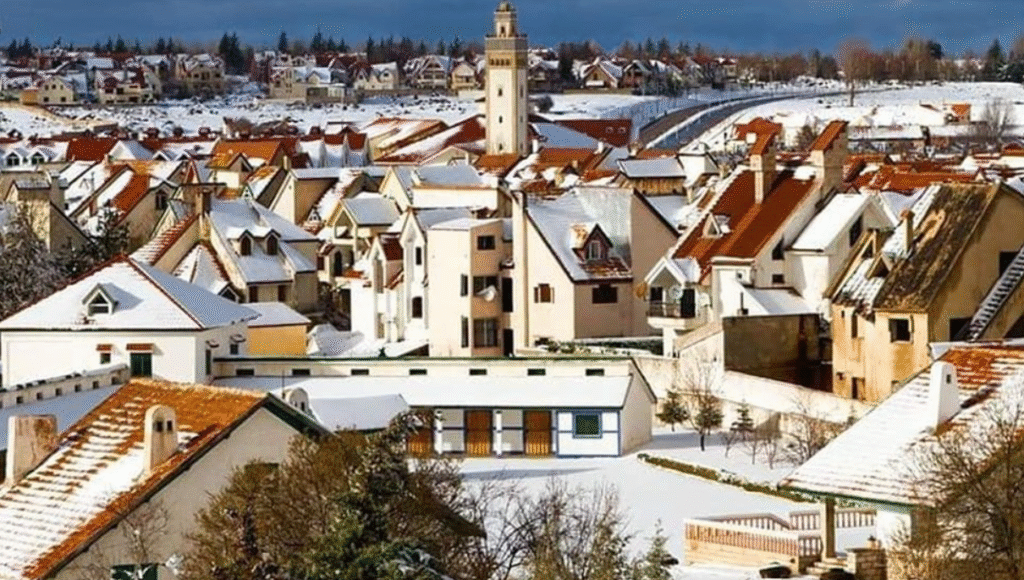 3-Day Itinerary in Ifrane European-style buildings with sloped red roofs and flower-lined streets in the quiet town center of Ifrane, Morocco.